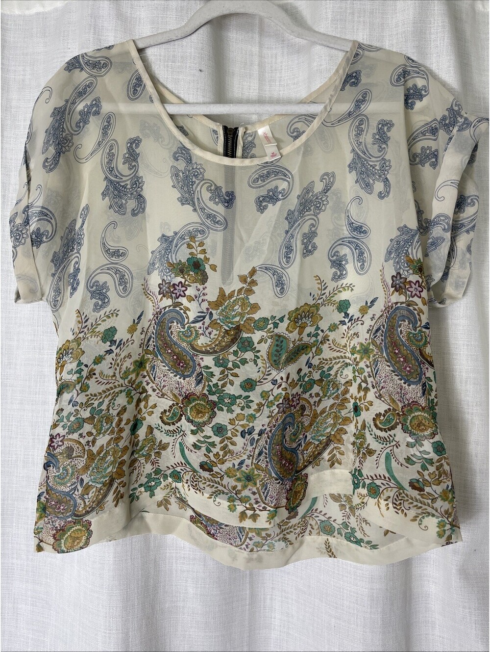 Boho Sheer Paisley Cap Sleeve Short Sleeve Top Medium